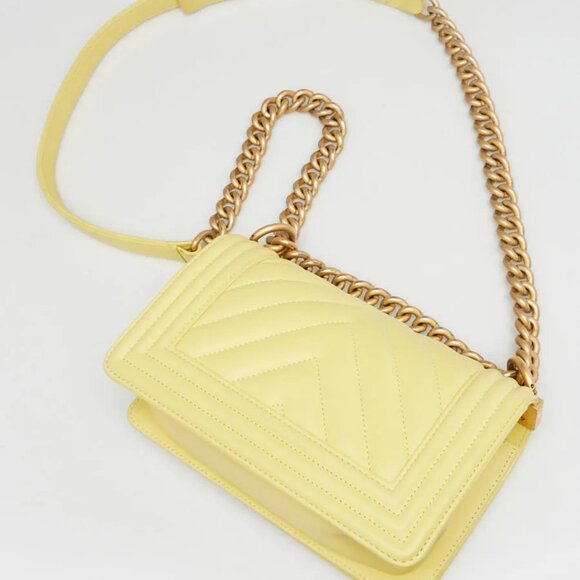 Chanel Yellow Chevron Quilted Lambskin Leather Small Boy Bag - Picture 2 of 9